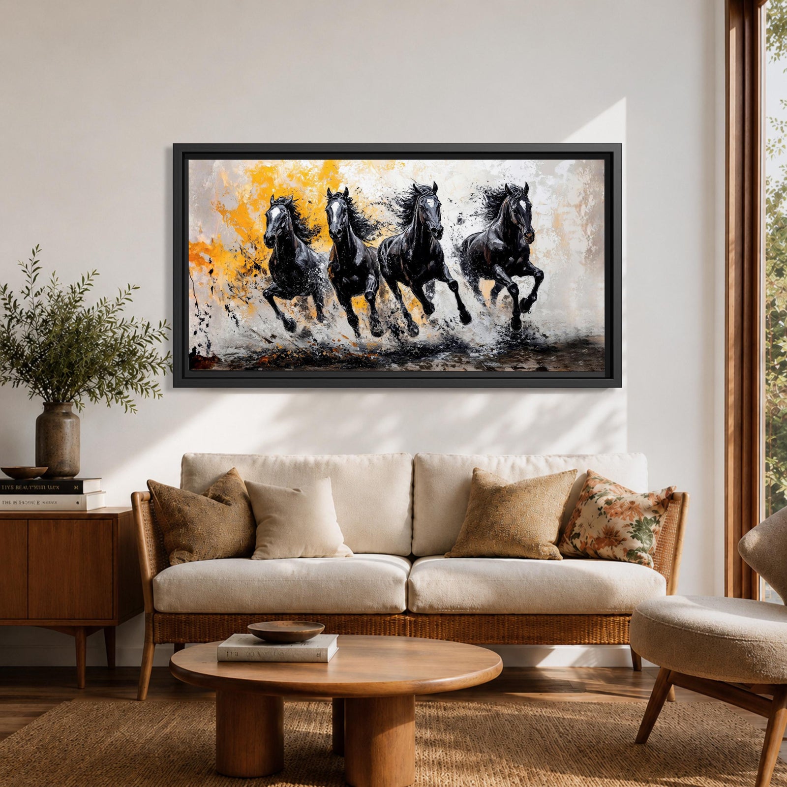 Panoramic painting of powerful black horses galloping forward through splashing water with dramatic abstract gold accents.