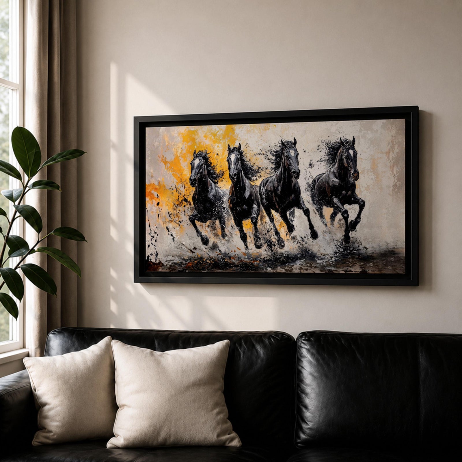 Panoramic painting of powerful black horses galloping forward through splashing water with dramatic abstract gold accents.