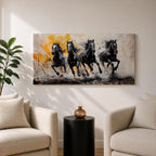 Panoramic painting of powerful black horses galloping forward through splashing water with dramatic abstract gold accents.