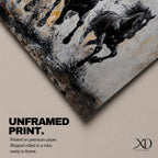 Panoramic painting of powerful black horses galloping forward through splashing water with dramatic abstract gold accents.