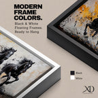 Panoramic painting of powerful black horses galloping forward through splashing water with dramatic abstract gold accents.