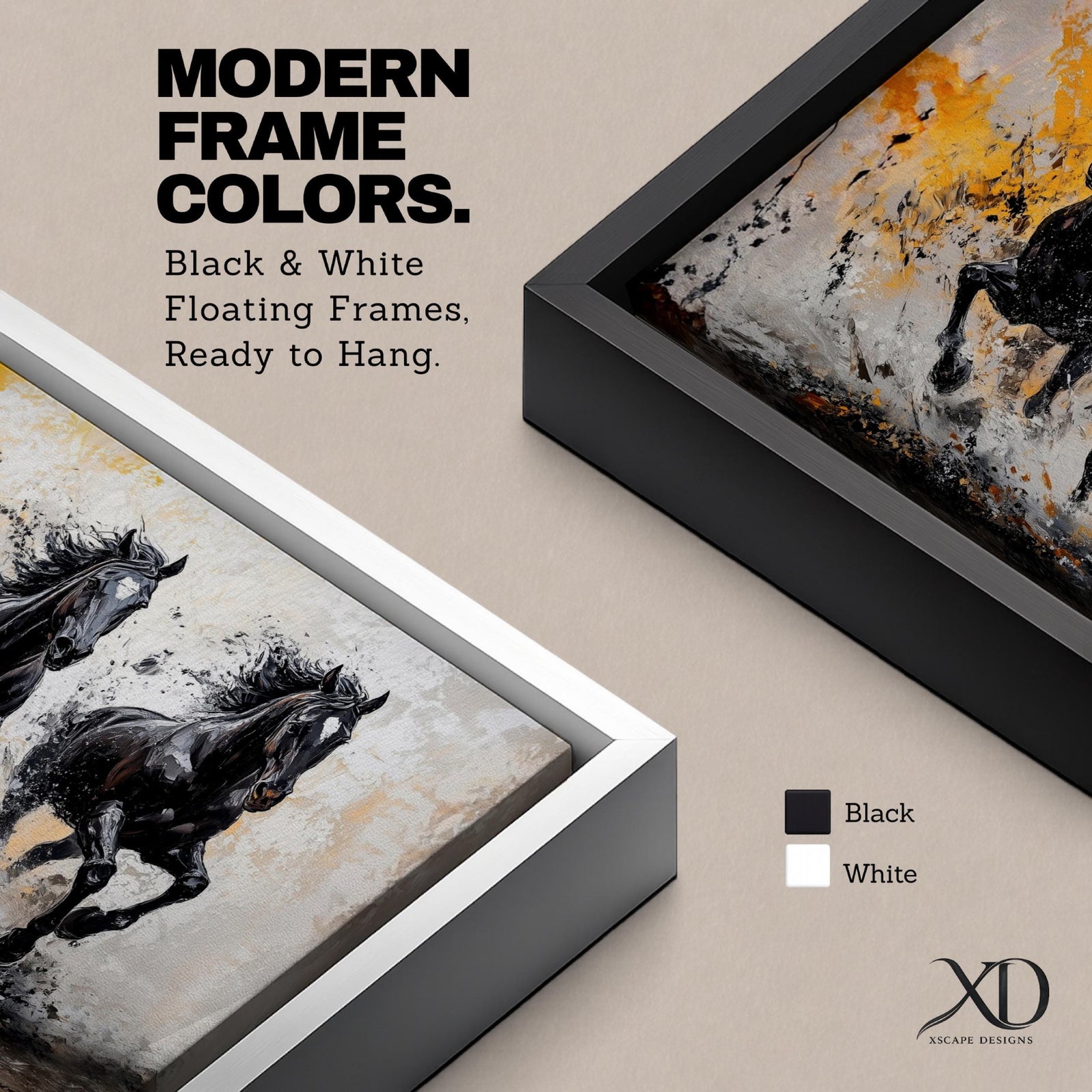 Panoramic painting of powerful black horses galloping forward through splashing water with dramatic abstract gold accents.