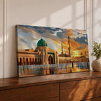 Panoramic painting of Al Masjid an Nabawi in Medina featuring the iconic green dome rising above the mosque courtyard with surrounding arcades and tall minarets. Pilgrims gather across the reflective marble plaza while dramatic sunset clouds illuminate the historic Islamic architecture.