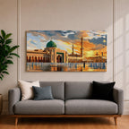 Panoramic painting of Al Masjid an Nabawi in Medina featuring the iconic green dome rising above the mosque courtyard with surrounding arcades and tall minarets. Pilgrims gather across the reflective marble plaza while dramatic sunset clouds illuminate the historic Islamic architecture.