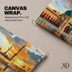 Panoramic painting of Al Masjid an Nabawi in Medina featuring the iconic green dome rising above the mosque courtyard with surrounding arcades and tall minarets. Pilgrims gather across the reflective marble plaza while dramatic sunset clouds illuminate the historic Islamic architecture.
