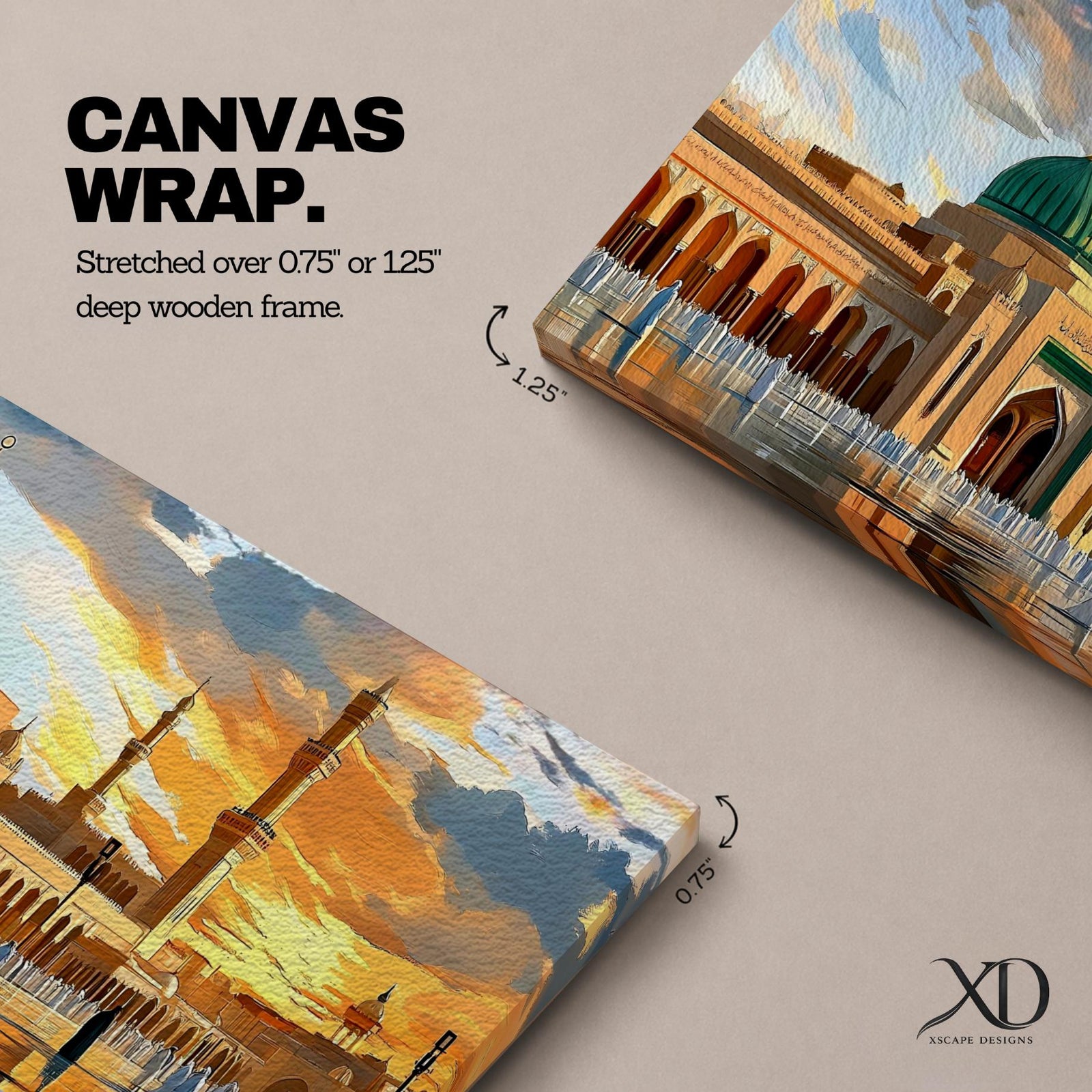 Panoramic painting of Al Masjid an Nabawi in Medina featuring the iconic green dome rising above the mosque courtyard with surrounding arcades and tall minarets. Pilgrims gather across the reflective marble plaza while dramatic sunset clouds illuminate the historic Islamic architecture.
