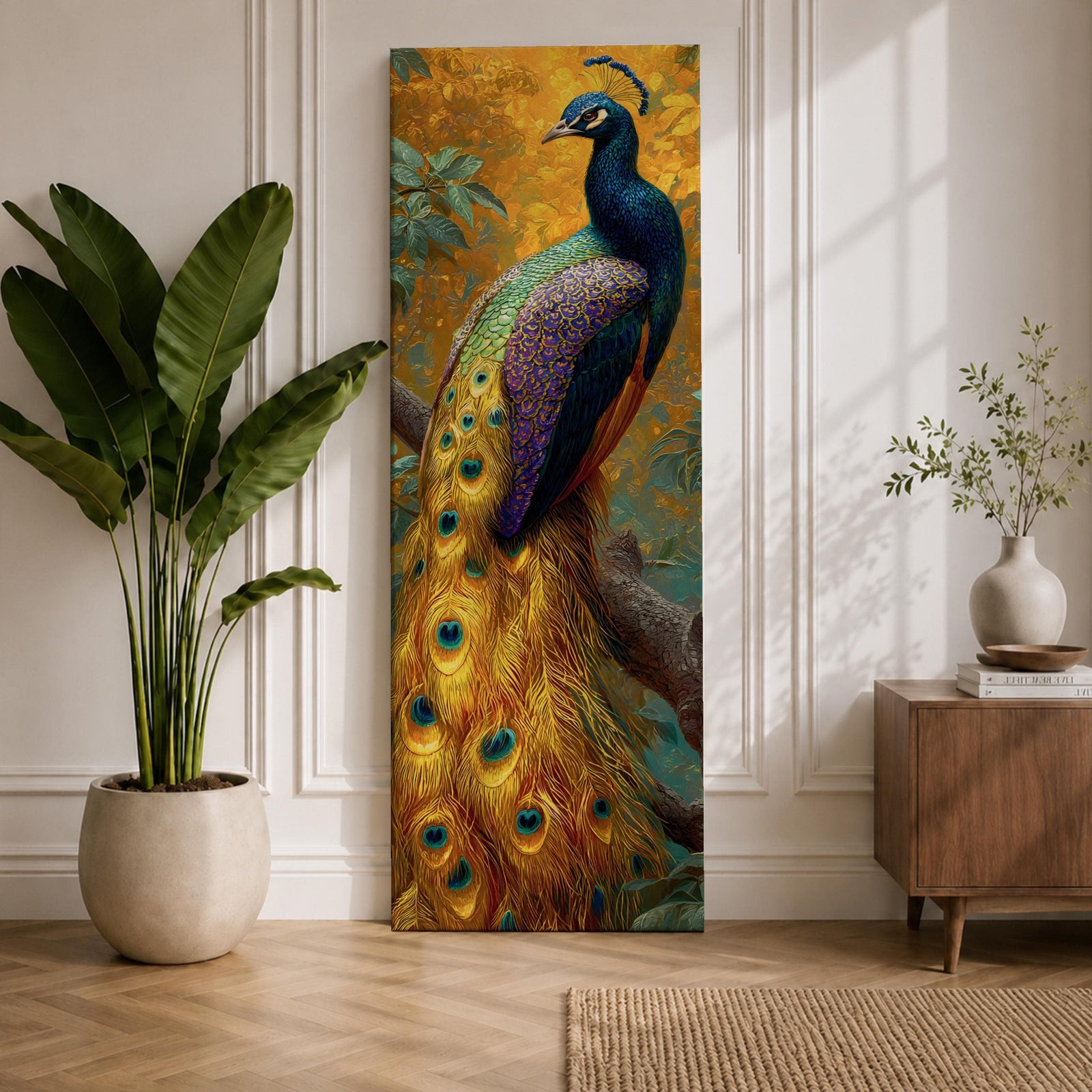 A tall, narrow vertical painting of a peacock perched on a branch, featuring richly detailed plumage in vibrant blue, green, gold, and purple tones, with a long flowing tail adorned with eye-like feather patterns, set against a warm golden background with textured foliage in a bold contemporary wildlife composition.