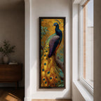 A tall, narrow vertical painting of a peacock perched on a branch, featuring richly detailed plumage in vibrant blue, green, gold, and purple tones, with a long flowing tail adorned with eye-like feather patterns, set against a warm golden background with textured foliage in a bold contemporary wildlife composition.