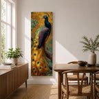 A tall, narrow vertical painting of a peacock perched on a branch, featuring richly detailed plumage in vibrant blue, green, gold, and purple tones, with a long flowing tail adorned with eye-like feather patterns, set against a warm golden background with textured foliage in a bold contemporary wildlife composition.