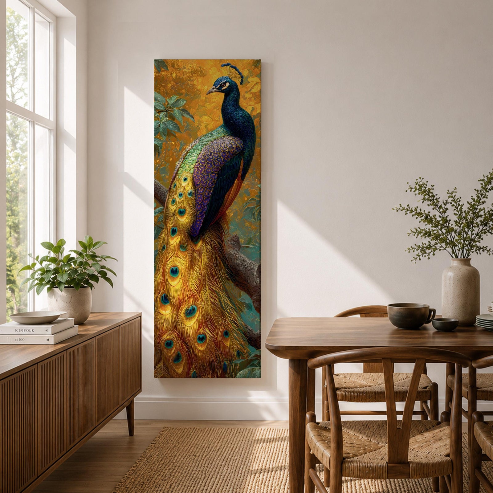 A tall, narrow vertical painting of a peacock perched on a branch, featuring richly detailed plumage in vibrant blue, green, gold, and purple tones, with a long flowing tail adorned with eye-like feather patterns, set against a warm golden background with textured foliage in a bold contemporary wildlife composition.