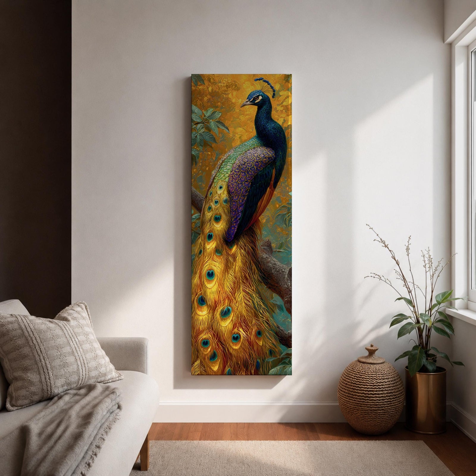 A tall, narrow vertical painting of a peacock perched on a branch, featuring richly detailed plumage in vibrant blue, green, gold, and purple tones, with a long flowing tail adorned with eye-like feather patterns, set against a warm golden background with textured foliage in a bold contemporary wildlife composition.