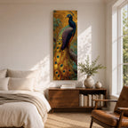 A tall, narrow vertical painting of a peacock perched on a branch, featuring richly detailed plumage in vibrant blue, green, gold, and purple tones, with a long flowing tail adorned with eye-like feather patterns, set against a warm golden background with textured foliage in a bold contemporary wildlife composition.