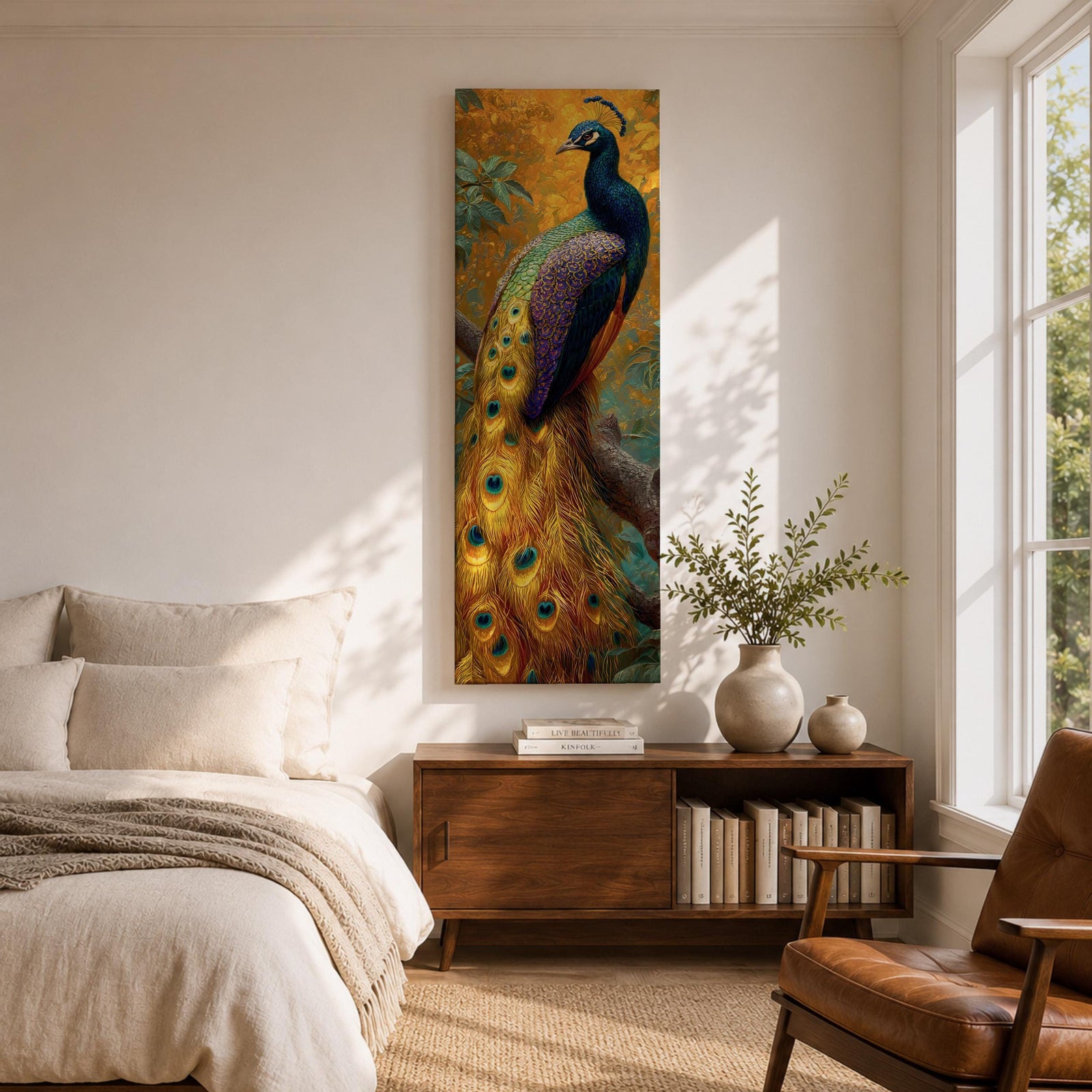 A tall, narrow vertical painting of a peacock perched on a branch, featuring richly detailed plumage in vibrant blue, green, gold, and purple tones, with a long flowing tail adorned with eye-like feather patterns, set against a warm golden background with textured foliage in a bold contemporary wildlife composition.