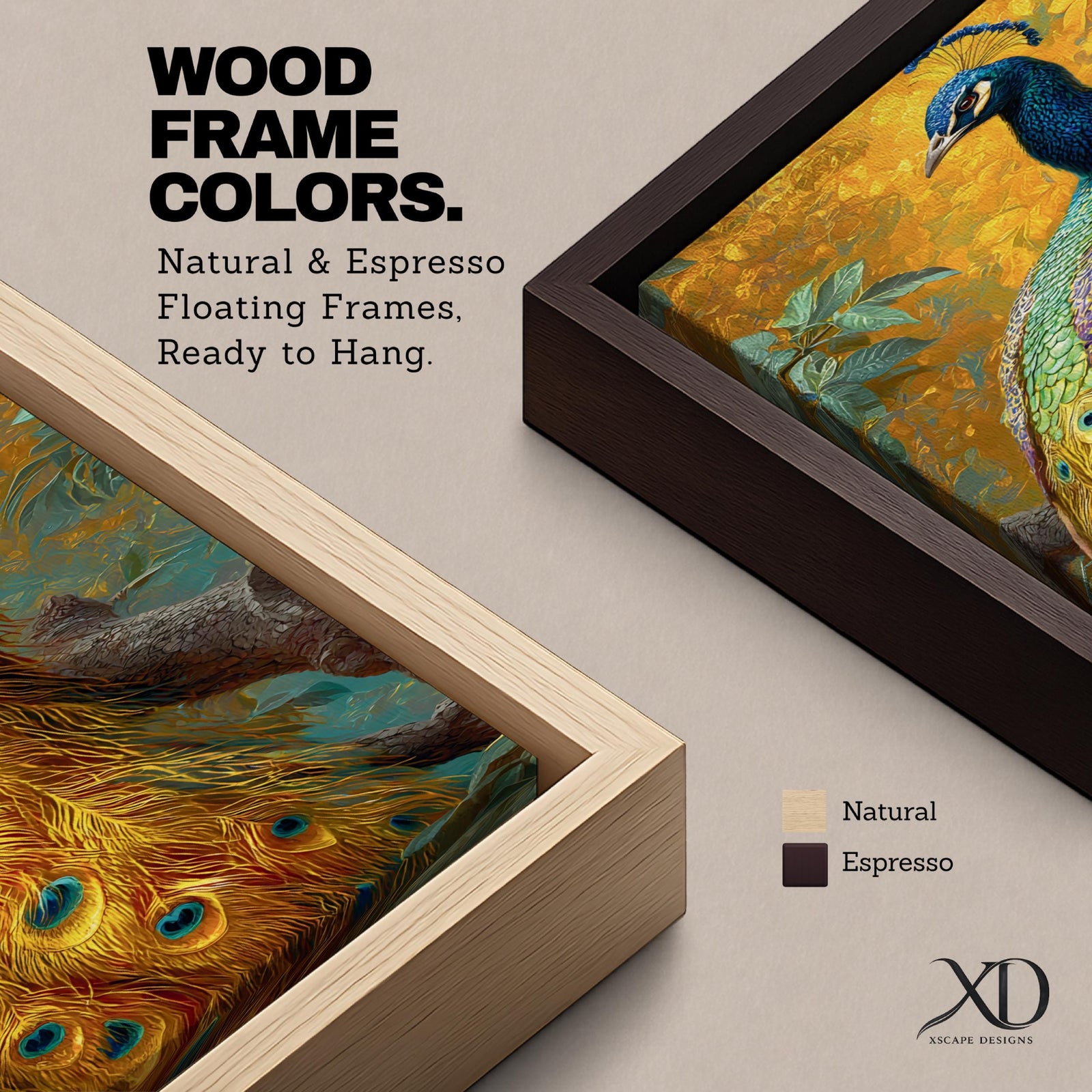 A tall, narrow vertical painting of a peacock perched on a branch, featuring richly detailed plumage in vibrant blue, green, gold, and purple tones, with a long flowing tail adorned with eye-like feather patterns, set against a warm golden background with textured foliage in a bold contemporary wildlife composition.