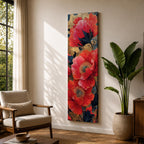 A tall, narrow vertical painting of bold red poppy flowers with layered petals and detailed centers, set against a deep navy and gold textured abstract background, featuring rich contrast, fluid brushwork, and metallic accents that highlight the organic forms in a contemporary floral composition.