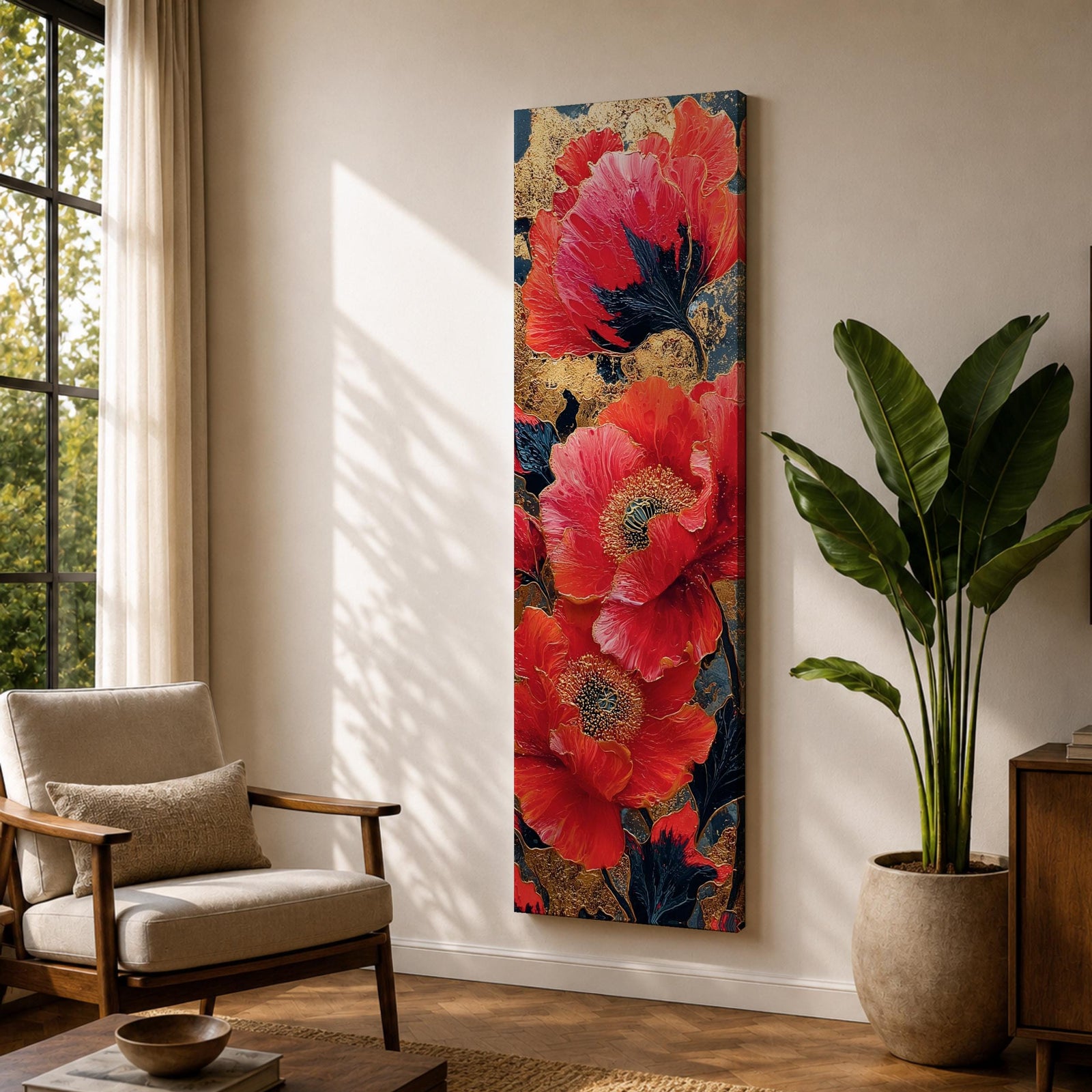 A tall, narrow vertical painting of bold red poppy flowers with layered petals and detailed centers, set against a deep navy and gold textured abstract background, featuring rich contrast, fluid brushwork, and metallic accents that highlight the organic forms in a contemporary floral composition.