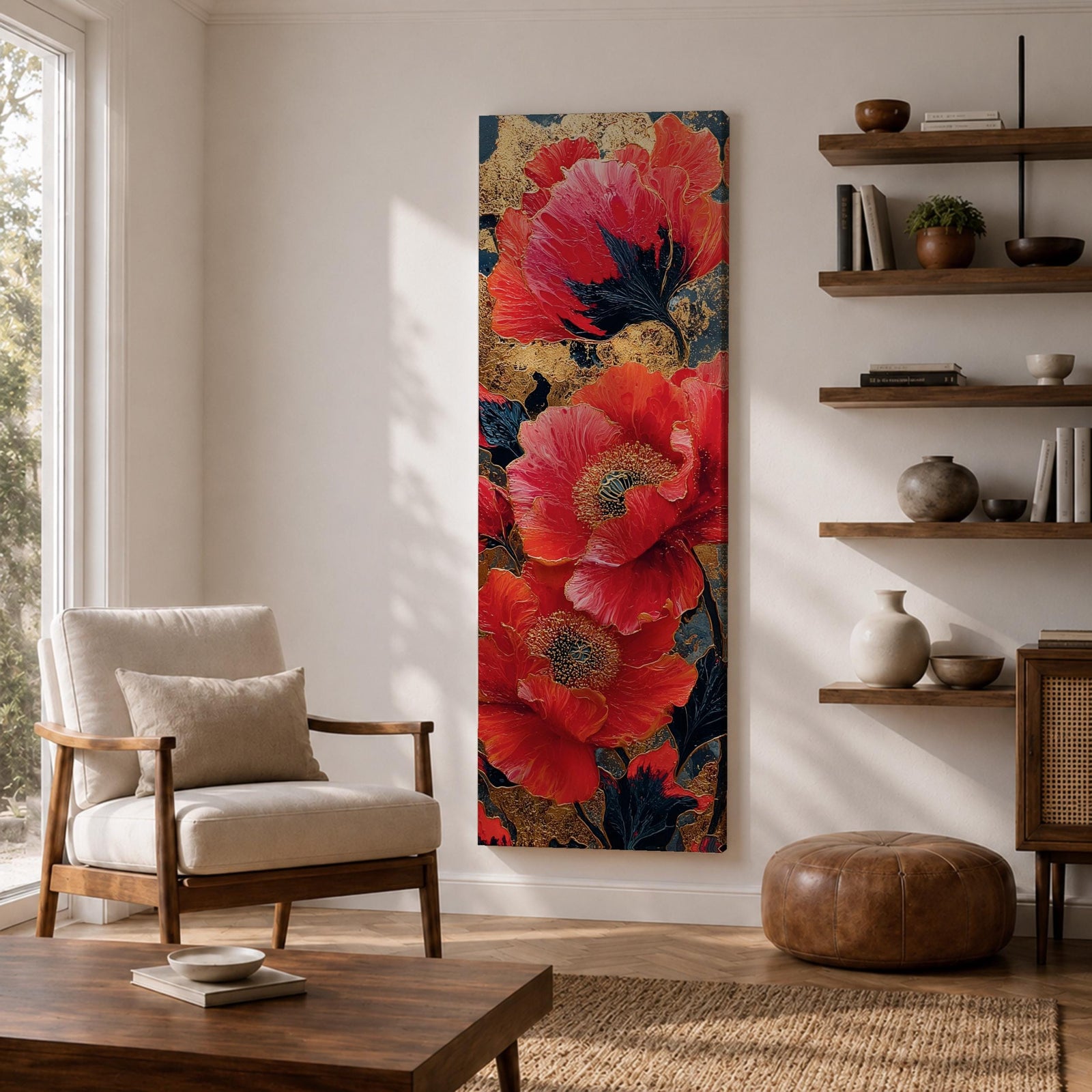 A tall, narrow vertical painting of bold red poppy flowers with layered petals and detailed centers, set against a deep navy and gold textured abstract background, featuring rich contrast, fluid brushwork, and metallic accents that highlight the organic forms in a contemporary floral composition.