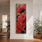 A tall, narrow vertical painting of bold red poppy flowers with layered petals and detailed centers, set against a deep navy and gold textured abstract background, featuring rich contrast, fluid brushwork, and metallic accents that highlight the organic forms in a contemporary floral composition.