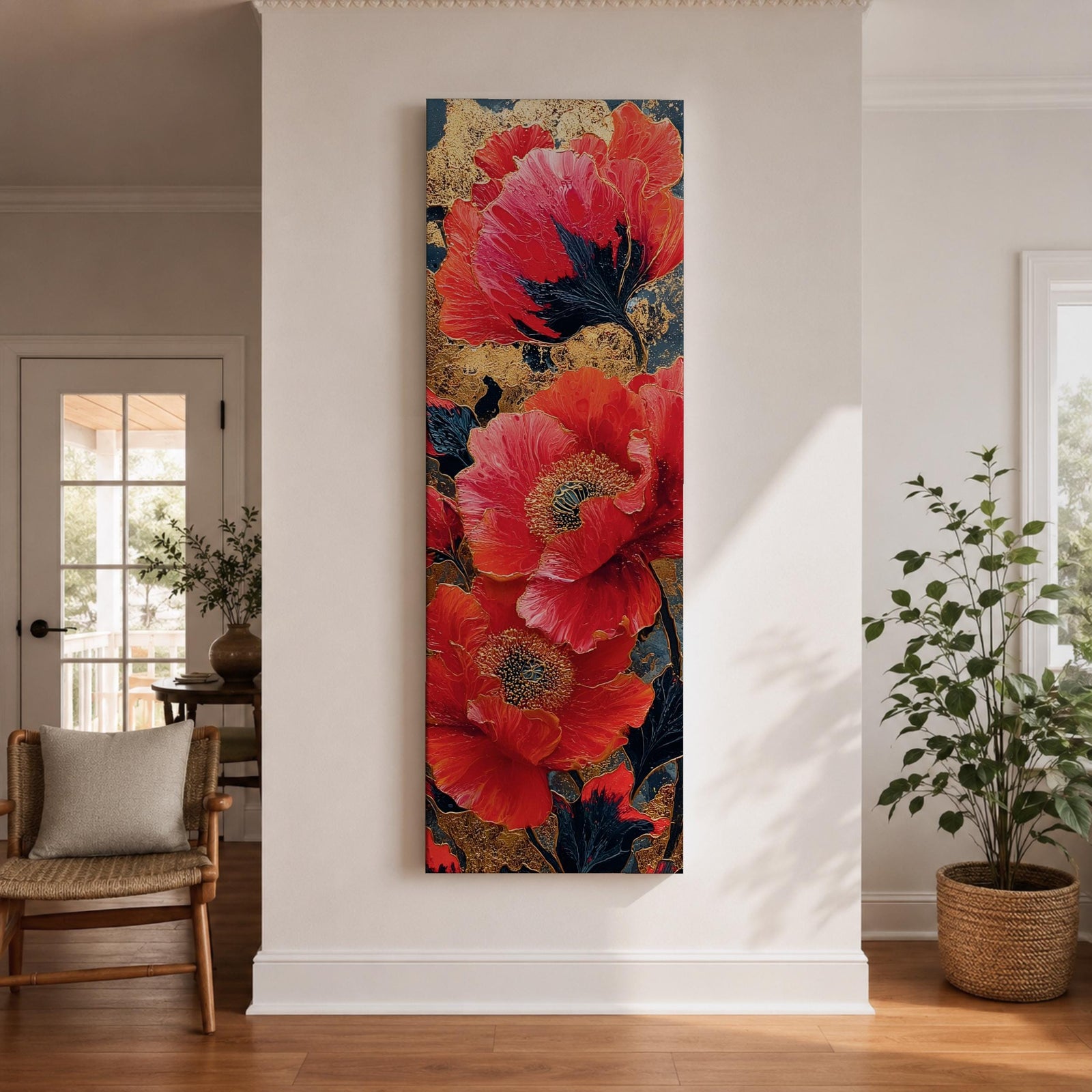 A tall, narrow vertical painting of bold red poppy flowers with layered petals and detailed centers, set against a deep navy and gold textured abstract background, featuring rich contrast, fluid brushwork, and metallic accents that highlight the organic forms in a contemporary floral composition.