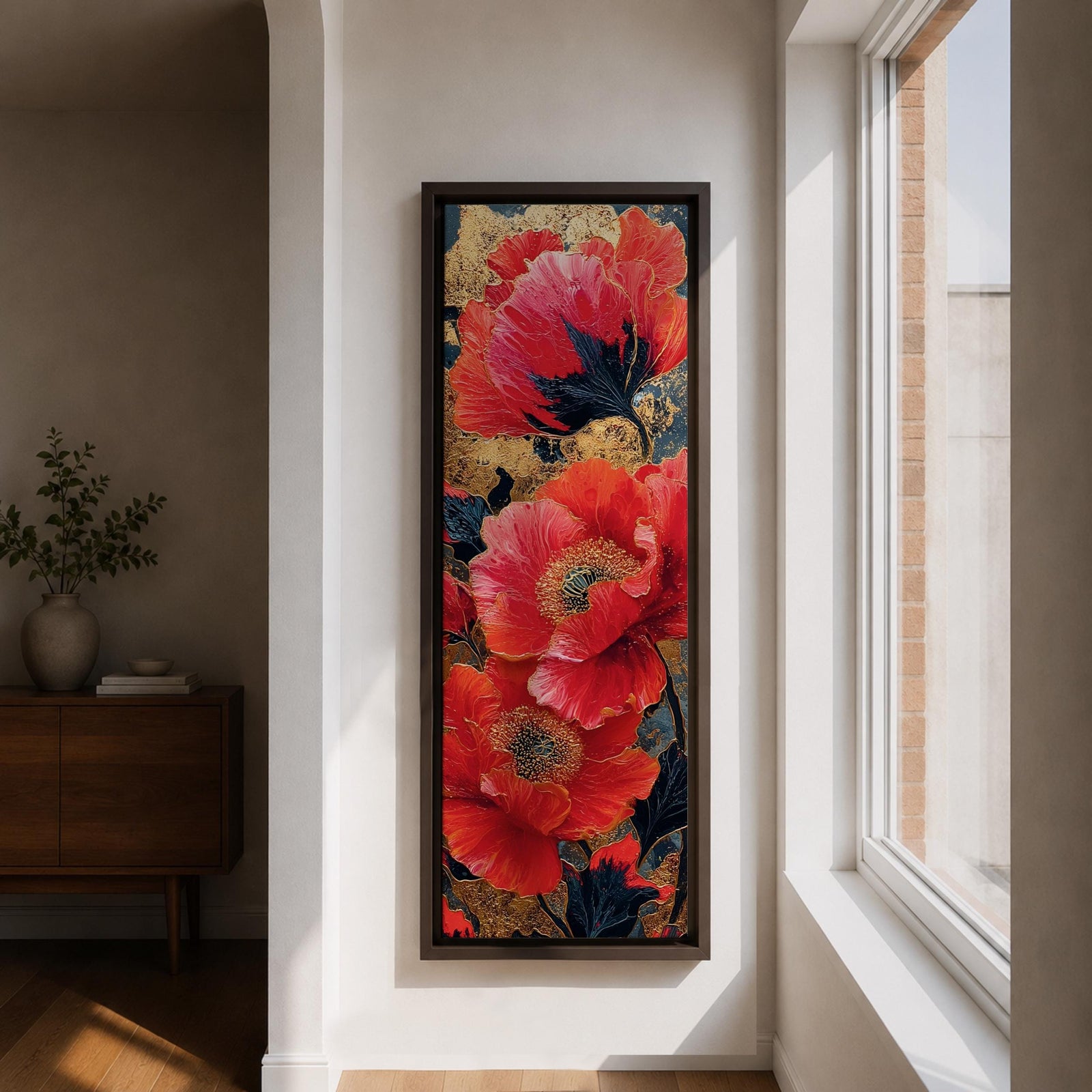 A tall, narrow vertical painting of bold red poppy flowers with layered petals and detailed centers, set against a deep navy and gold textured abstract background, featuring rich contrast, fluid brushwork, and metallic accents that highlight the organic forms in a contemporary floral composition.