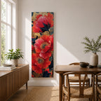 A tall, narrow vertical painting of bold red poppy flowers with layered petals and detailed centers, set against a deep navy and gold textured abstract background, featuring rich contrast, fluid brushwork, and metallic accents that highlight the organic forms in a contemporary floral composition.