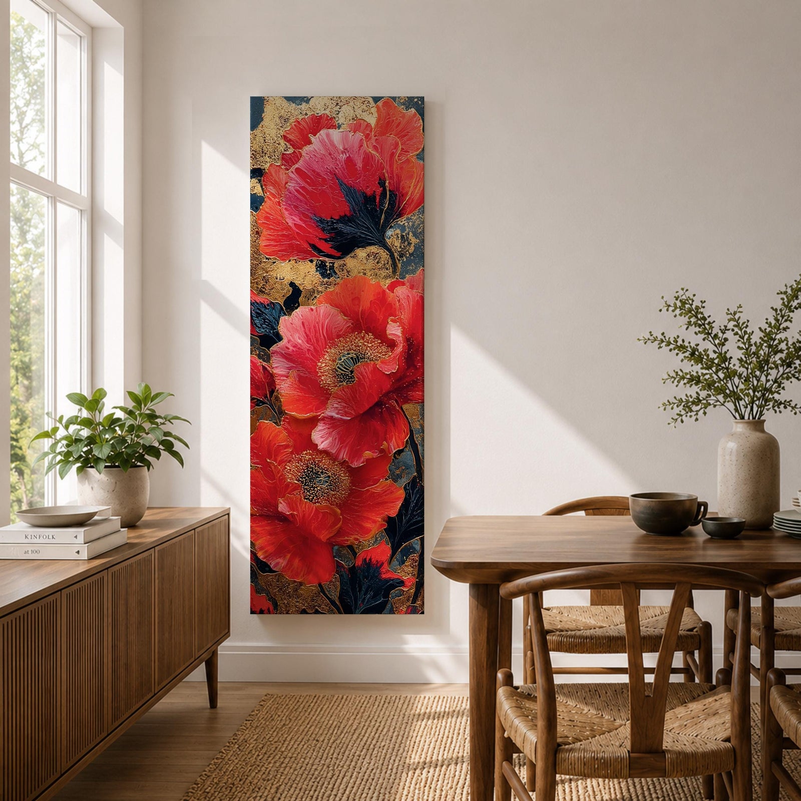 A tall, narrow vertical painting of bold red poppy flowers with layered petals and detailed centers, set against a deep navy and gold textured abstract background, featuring rich contrast, fluid brushwork, and metallic accents that highlight the organic forms in a contemporary floral composition.