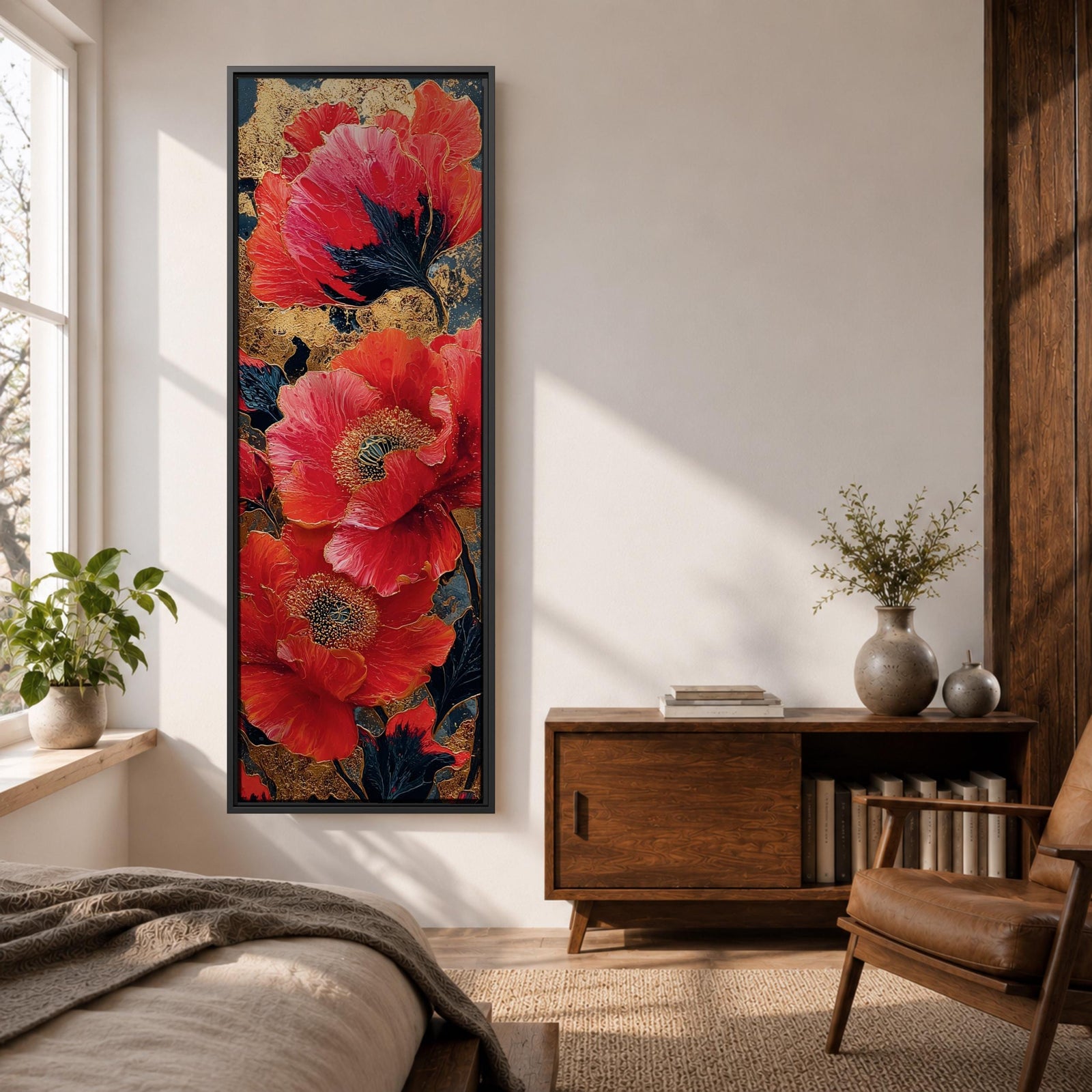 A tall, narrow vertical painting of bold red poppy flowers with layered petals and detailed centers, set against a deep navy and gold textured abstract background, featuring rich contrast, fluid brushwork, and metallic accents that highlight the organic forms in a contemporary floral composition.