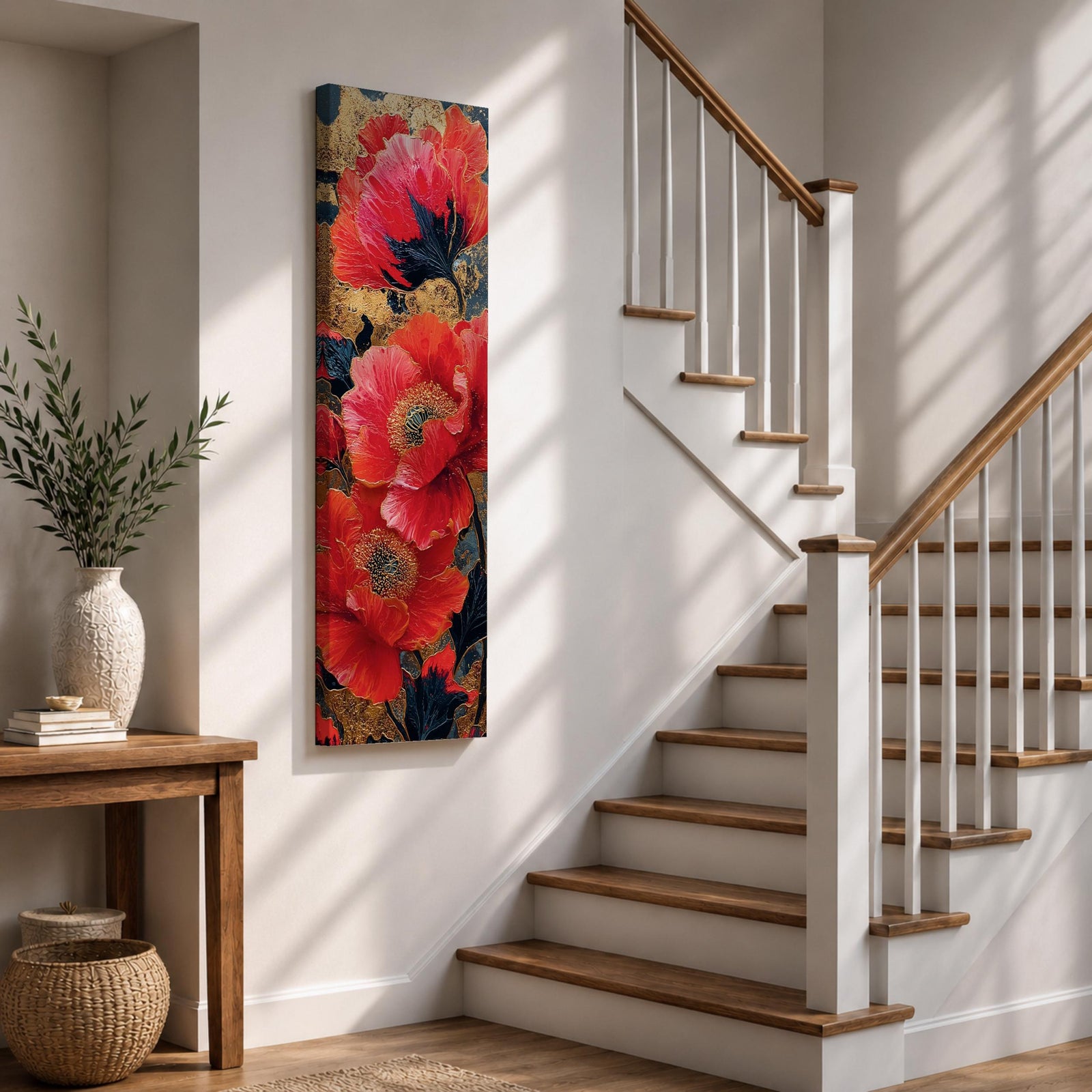 A tall, narrow vertical painting of bold red poppy flowers with layered petals and detailed centers, set against a deep navy and gold textured abstract background, featuring rich contrast, fluid brushwork, and metallic accents that highlight the organic forms in a contemporary floral composition.