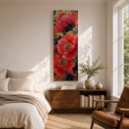 A tall, narrow vertical painting of bold red poppy flowers with layered petals and detailed centers, set against a deep navy and gold textured abstract background, featuring rich contrast, fluid brushwork, and metallic accents that highlight the organic forms in a contemporary floral composition.