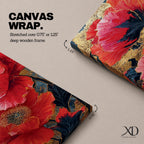 A tall, narrow vertical painting of bold red poppy flowers with layered petals and detailed centers, set against a deep navy and gold textured abstract background, featuring rich contrast, fluid brushwork, and metallic accents that highlight the organic forms in a contemporary floral composition.
