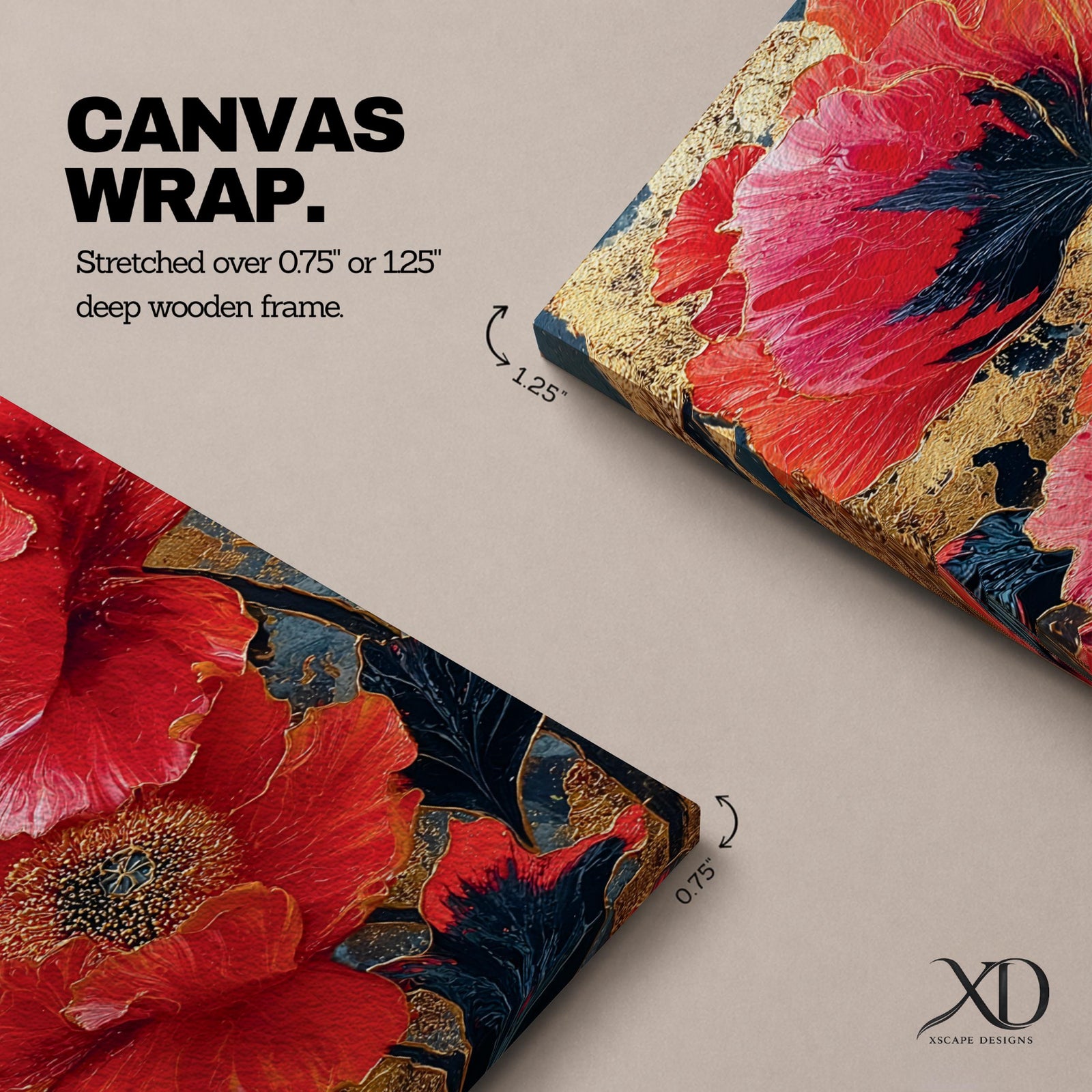 A tall, narrow vertical painting of bold red poppy flowers with layered petals and detailed centers, set against a deep navy and gold textured abstract background, featuring rich contrast, fluid brushwork, and metallic accents that highlight the organic forms in a contemporary floral composition.
