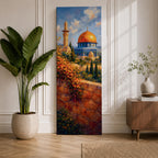 A tall narrow vertical artwork of Masjid Al Aqsa in Jerusalem featuring a golden dome and surrounding historic architecture, viewed beyond a sunlit stone wall with cascading flowers, rendered in warm painterly tones with depth and serene atmosphere.