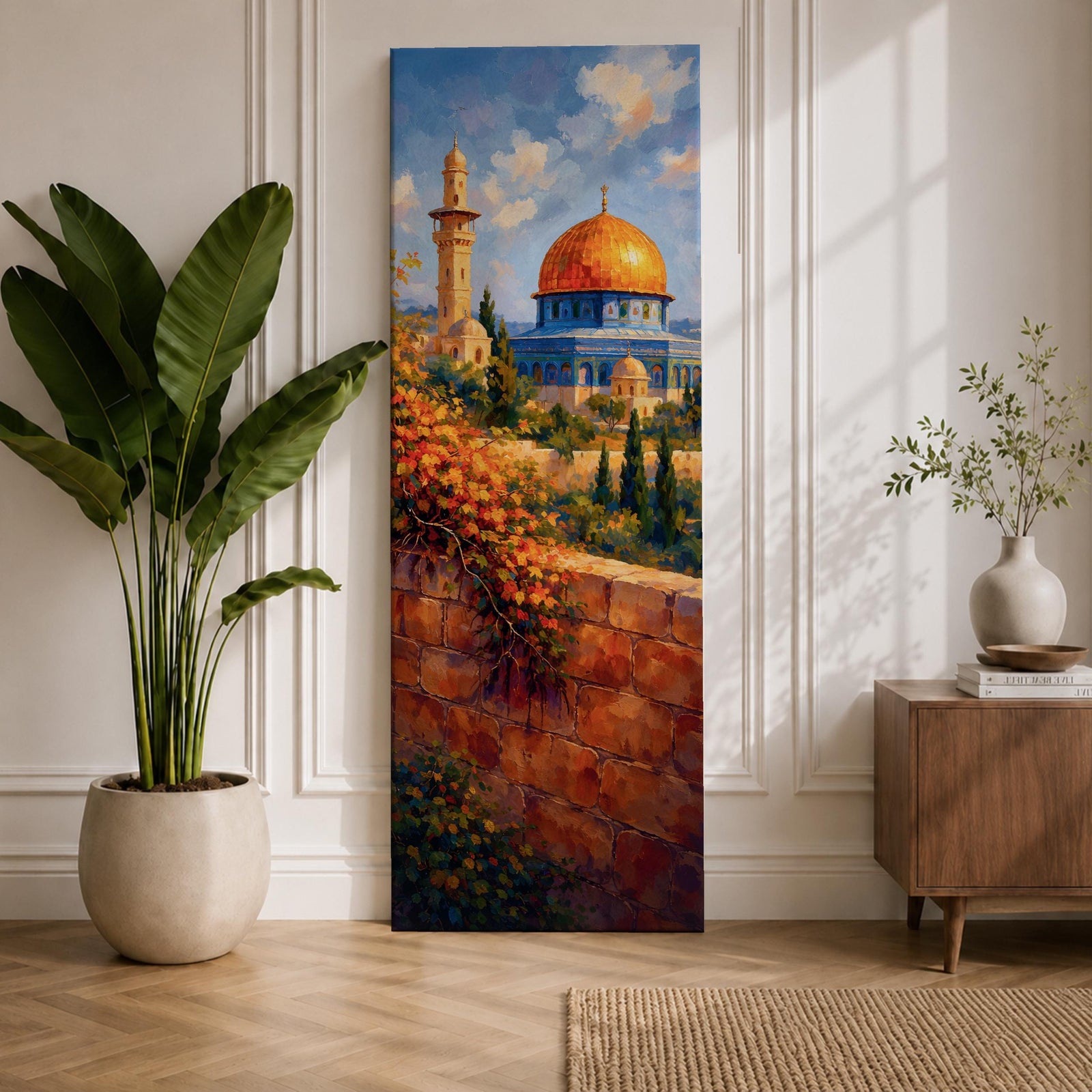 A tall narrow vertical artwork of Masjid Al Aqsa in Jerusalem featuring a golden dome and surrounding historic architecture, viewed beyond a sunlit stone wall with cascading flowers, rendered in warm painterly tones with depth and serene atmosphere.