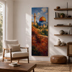 A tall narrow vertical artwork of Masjid Al Aqsa in Jerusalem featuring a golden dome and surrounding historic architecture, viewed beyond a sunlit stone wall with cascading flowers, rendered in warm painterly tones with depth and serene atmosphere.