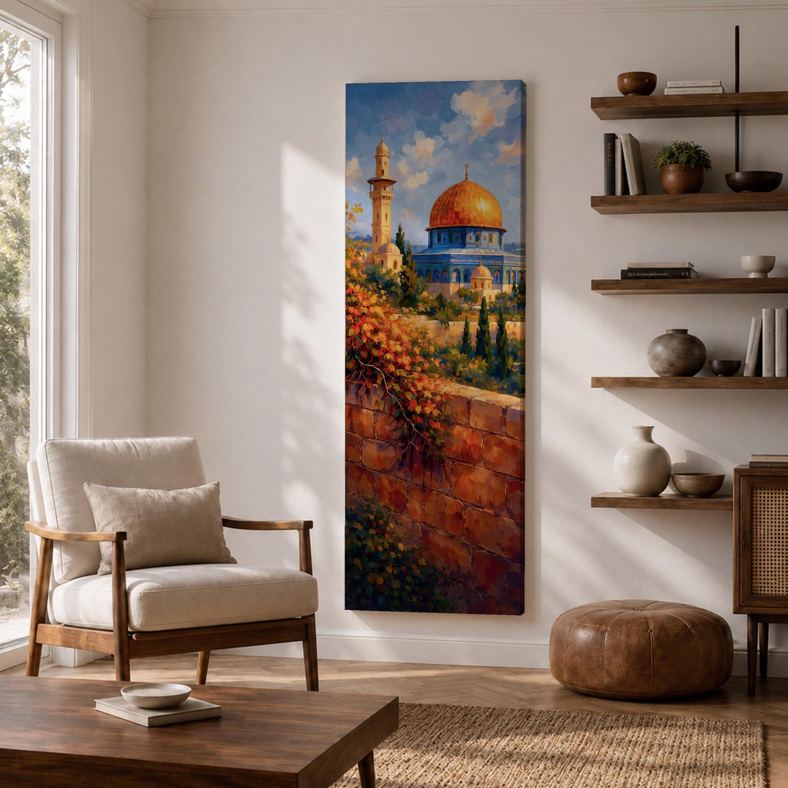 A tall narrow vertical artwork of Masjid Al Aqsa in Jerusalem featuring a golden dome and surrounding historic architecture, viewed beyond a sunlit stone wall with cascading flowers, rendered in warm painterly tones with depth and serene atmosphere.