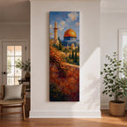 A tall narrow vertical artwork of Masjid Al Aqsa in Jerusalem featuring a golden dome and surrounding historic architecture, viewed beyond a sunlit stone wall with cascading flowers, rendered in warm painterly tones with depth and serene atmosphere.