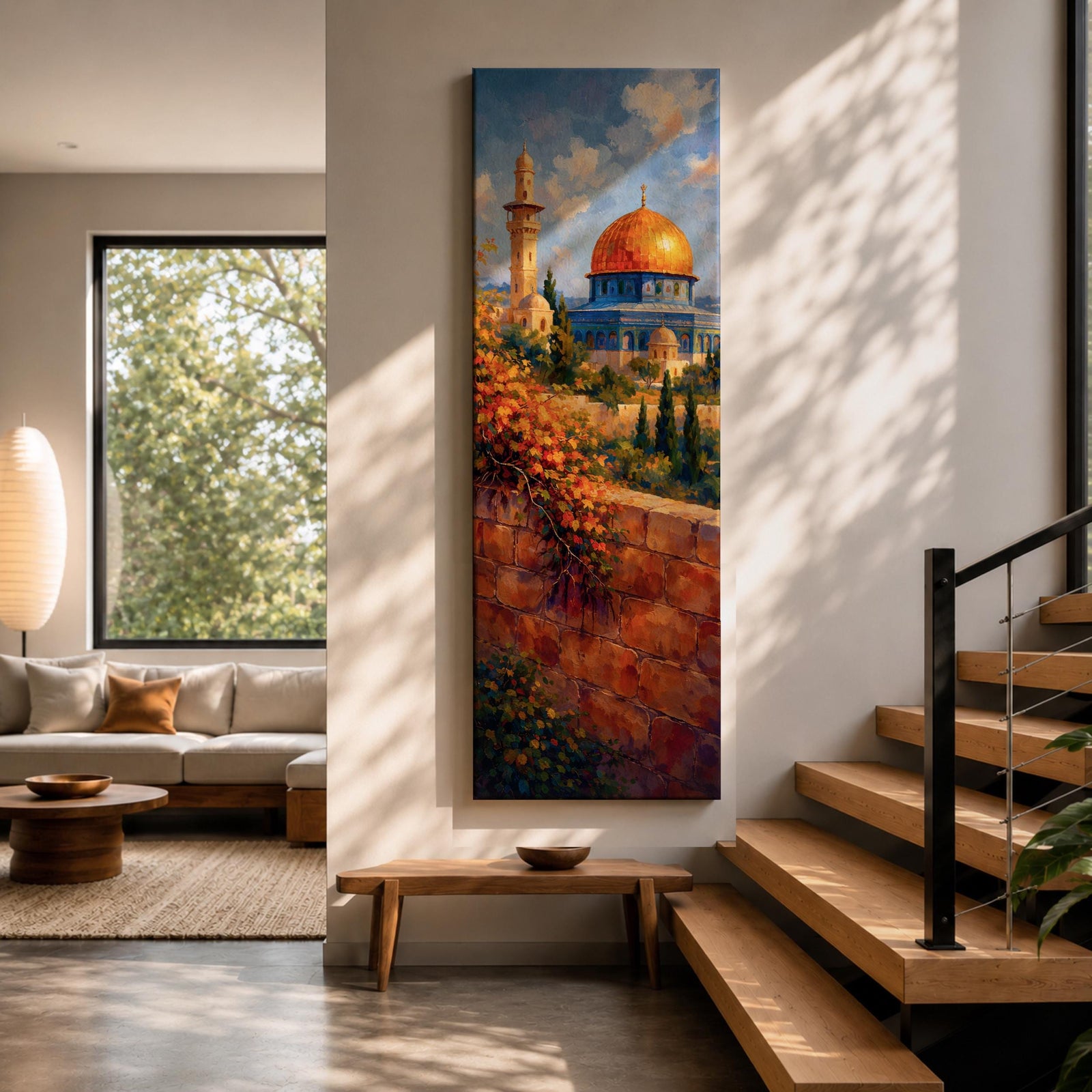 A tall narrow vertical artwork of Masjid Al Aqsa in Jerusalem featuring a golden dome and surrounding historic architecture, viewed beyond a sunlit stone wall with cascading flowers, rendered in warm painterly tones with depth and serene atmosphere.