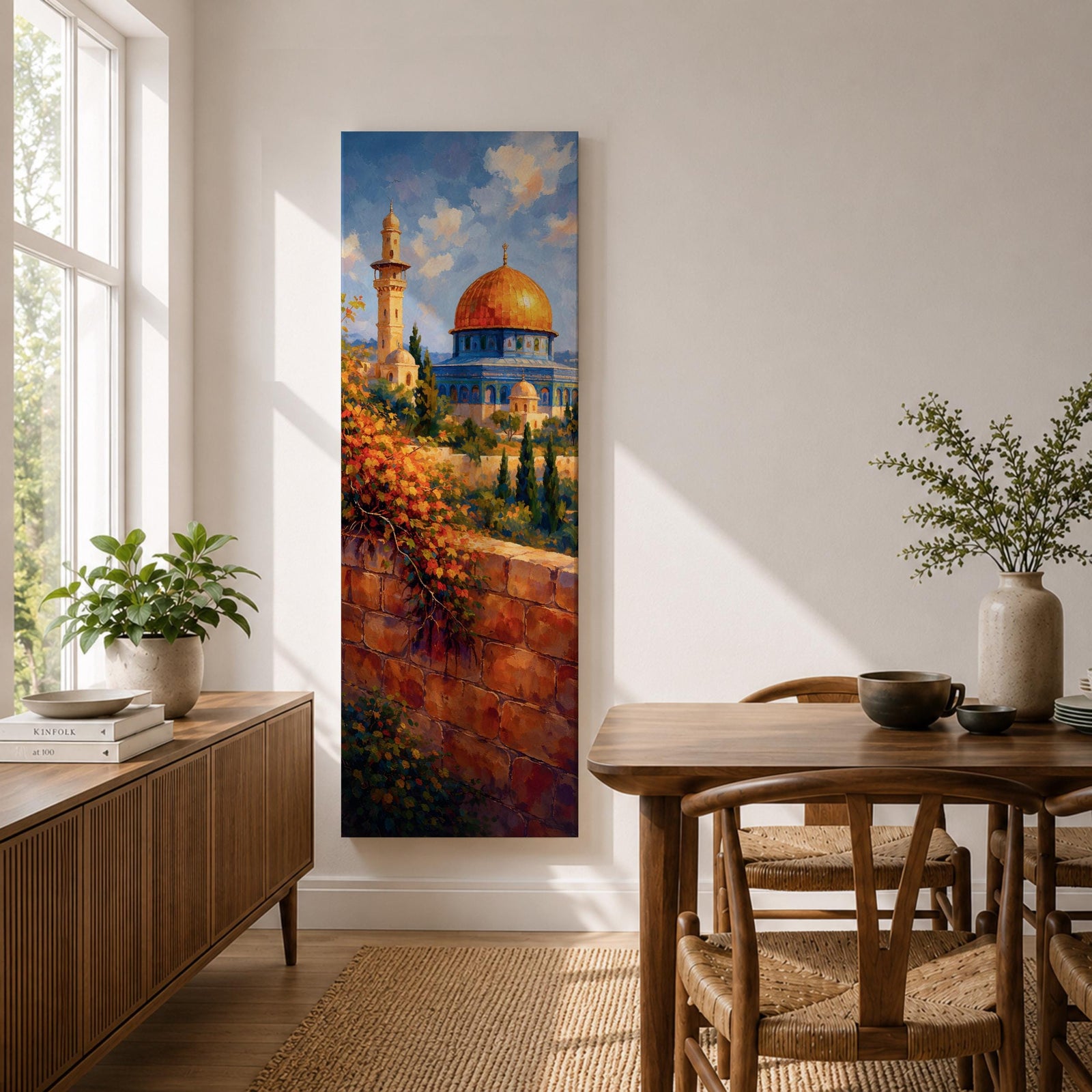 A tall narrow vertical artwork of Masjid Al Aqsa in Jerusalem featuring a golden dome and surrounding historic architecture, viewed beyond a sunlit stone wall with cascading flowers, rendered in warm painterly tones with depth and serene atmosphere.