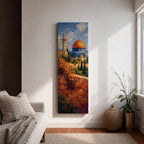 A tall narrow vertical artwork of Masjid Al Aqsa in Jerusalem featuring a golden dome and surrounding historic architecture, viewed beyond a sunlit stone wall with cascading flowers, rendered in warm painterly tones with depth and serene atmosphere.