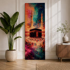 A tall narrow vertical depiction of the Kaaba in Mecca surrounded by a gathering of pilgrims, rendered in an abstract expressive style with bold layered brushwork, deep blues, warm oranges, and rich magenta tones blending into a textured composition that conveys movement, depth, and energy.