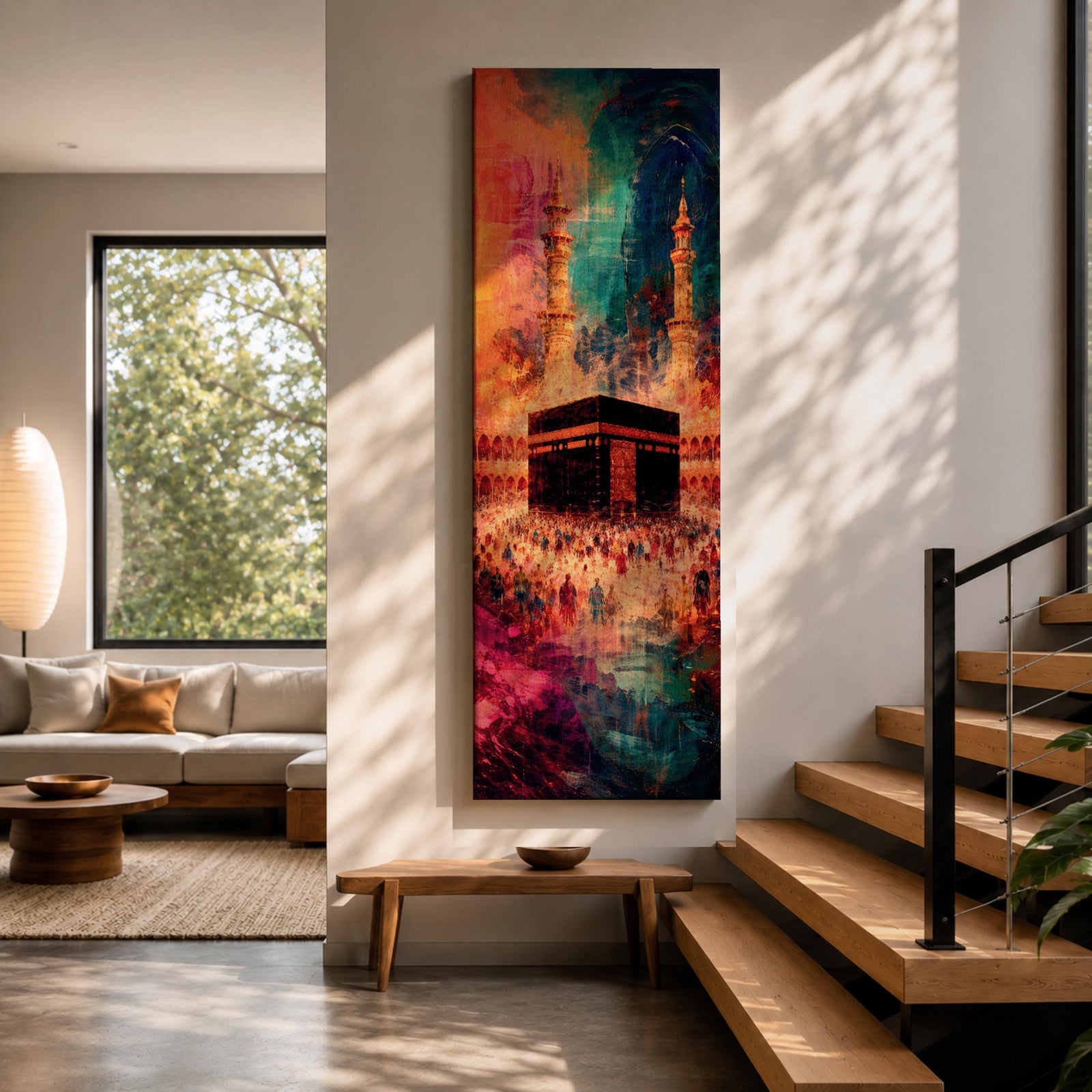 A tall narrow vertical depiction of the Kaaba in Mecca surrounded by a gathering of pilgrims, rendered in an abstract expressive style with bold layered brushwork, deep blues, warm oranges, and rich magenta tones blending into a textured composition that conveys movement, depth, and energy.