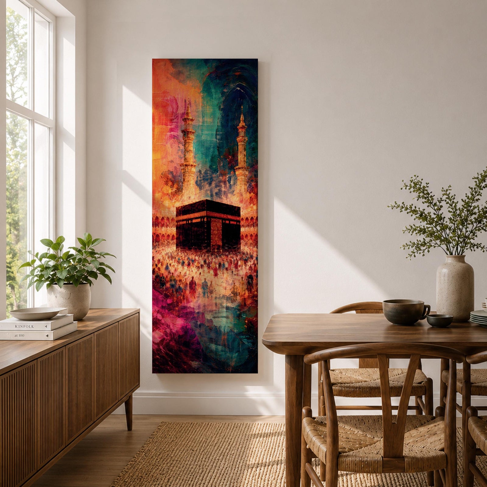 A tall narrow vertical depiction of the Kaaba in Mecca surrounded by a gathering of pilgrims, rendered in an abstract expressive style with bold layered brushwork, deep blues, warm oranges, and rich magenta tones blending into a textured composition that conveys movement, depth, and energy.