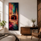 A tall narrow vertical depiction of the Kaaba in Mecca surrounded by a gathering of pilgrims, rendered in an abstract expressive style with bold layered brushwork, deep blues, warm oranges, and rich magenta tones blending into a textured composition that conveys movement, depth, and energy.