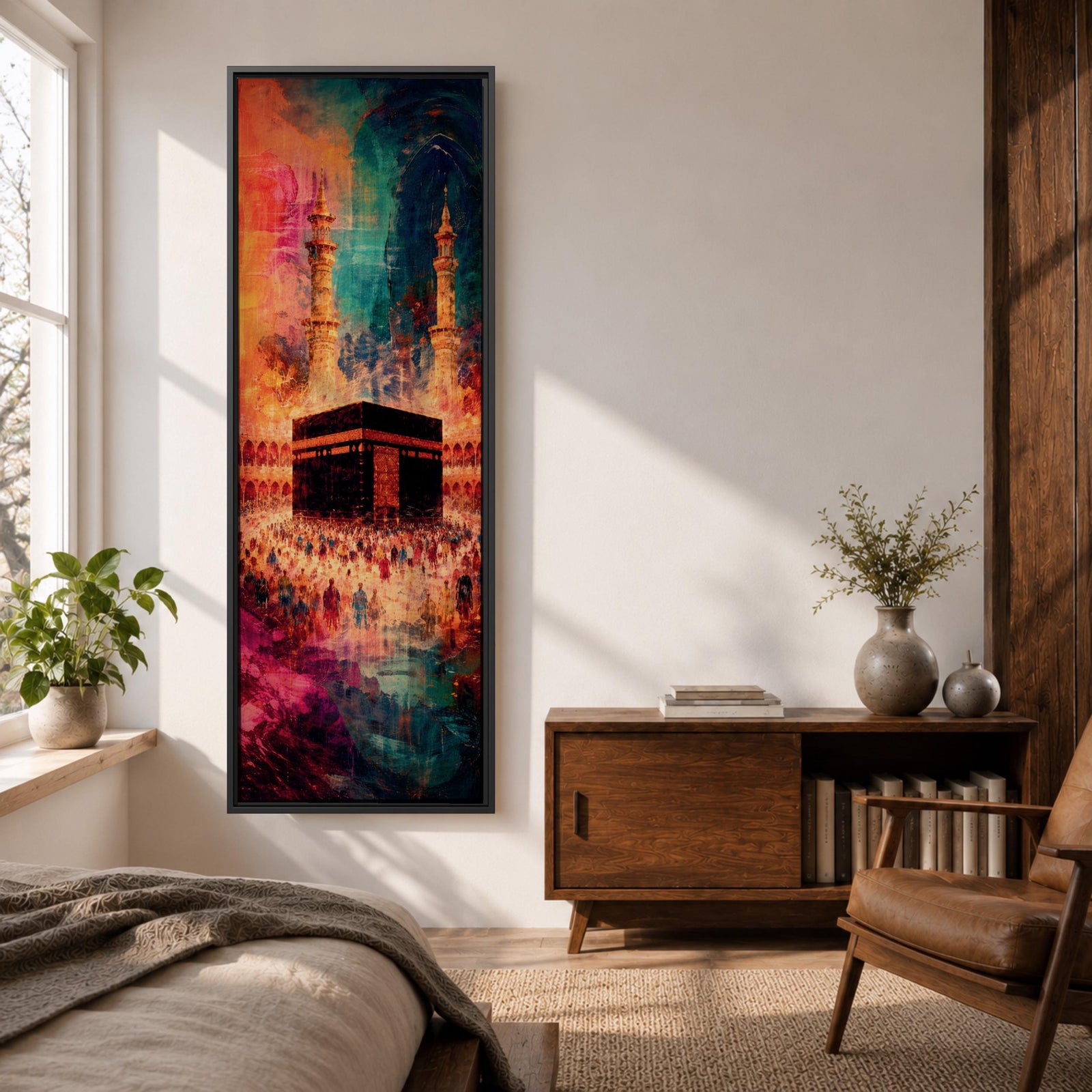A tall narrow vertical depiction of the Kaaba in Mecca surrounded by a gathering of pilgrims, rendered in an abstract expressive style with bold layered brushwork, deep blues, warm oranges, and rich magenta tones blending into a textured composition that conveys movement, depth, and energy.