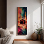 A tall narrow vertical depiction of the Kaaba in Mecca surrounded by a gathering of pilgrims, rendered in an abstract expressive style with bold layered brushwork, deep blues, warm oranges, and rich magenta tones blending into a textured composition that conveys movement, depth, and energy.