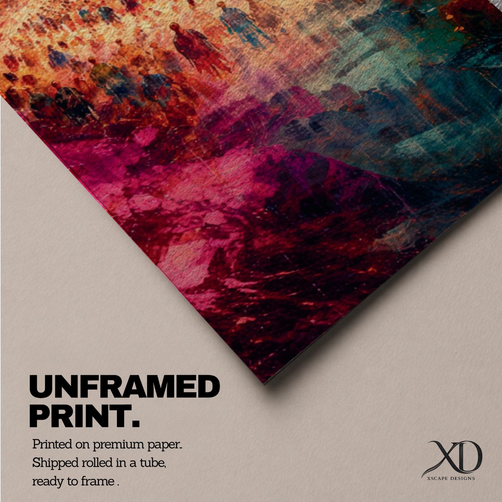 A tall narrow vertical depiction of the Kaaba in Mecca surrounded by a gathering of pilgrims, rendered in an abstract expressive style with bold layered brushwork, deep blues, warm oranges, and rich magenta tones blending into a textured composition that conveys movement, depth, and energy.