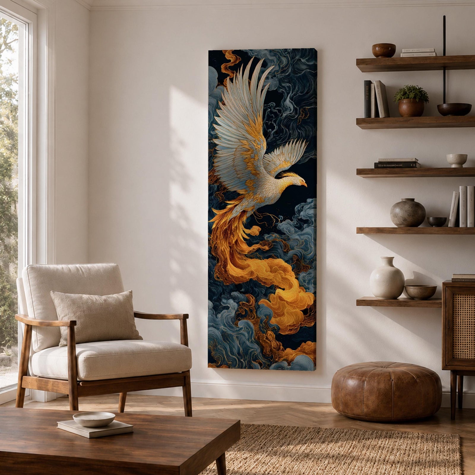 A tall vertical artwork depicts a majestic phoenix with outstretched wings rendered in intricate feather detail, its white and gold plumage glowing against swirling dark blue and smoky cloud forms, while flowing golden flames trail from its body, blending Asian-inspired brushwork with dynamic movement and a mythic, firebird presence.