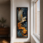 A tall vertical artwork depicts a majestic phoenix with outstretched wings rendered in intricate feather detail, its white and gold plumage glowing against swirling dark blue and smoky cloud forms, while flowing golden flames trail from its body, blending Asian-inspired brushwork with dynamic movement and a mythic, firebird presence.