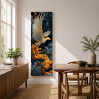 A tall vertical artwork depicts a majestic phoenix with outstretched wings rendered in intricate feather detail, its white and gold plumage glowing against swirling dark blue and smoky cloud forms, while flowing golden flames trail from its body, blending Asian-inspired brushwork with dynamic movement and a mythic, firebird presence.