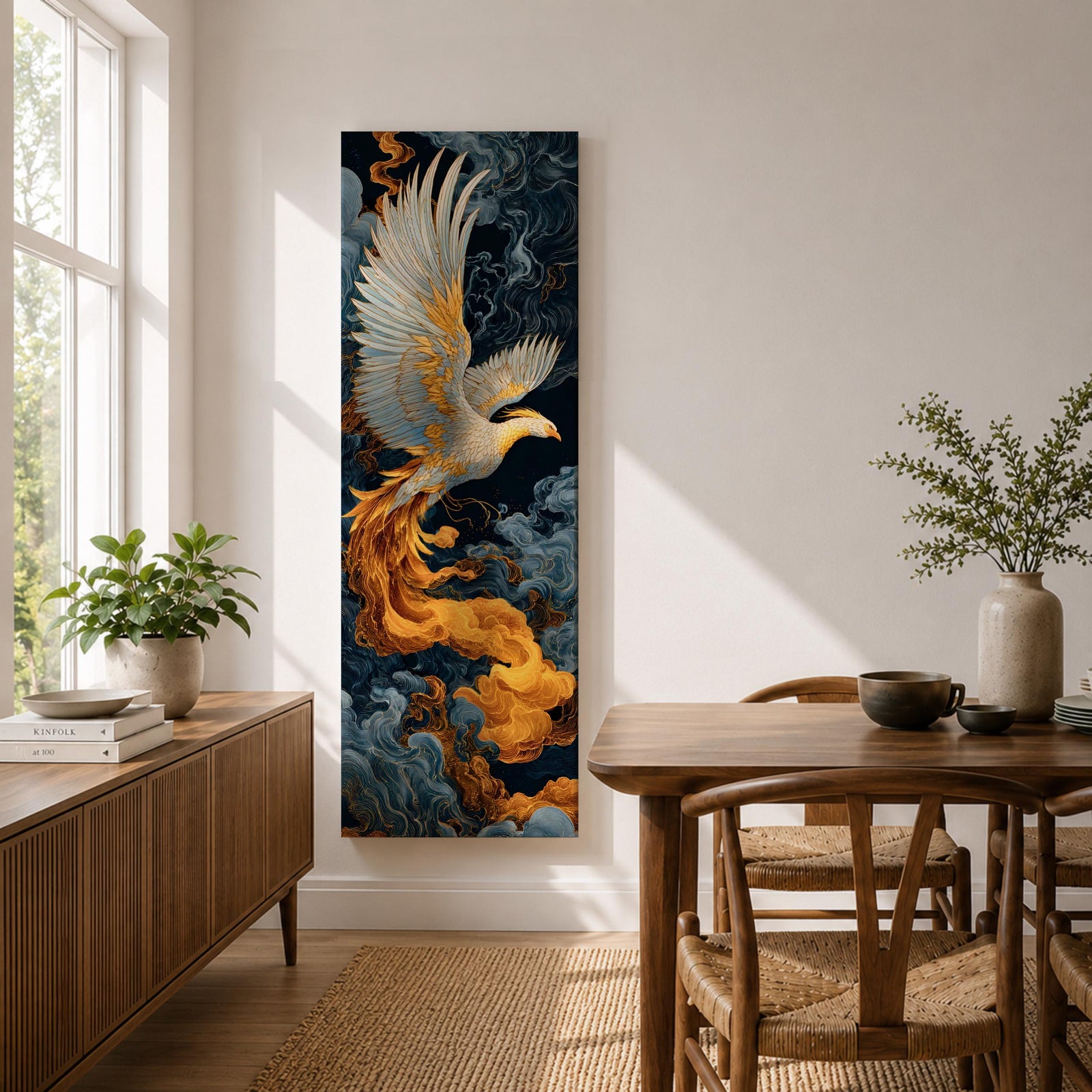 A tall vertical artwork depicts a majestic phoenix with outstretched wings rendered in intricate feather detail, its white and gold plumage glowing against swirling dark blue and smoky cloud forms, while flowing golden flames trail from its body, blending Asian-inspired brushwork with dynamic movement and a mythic, firebird presence.